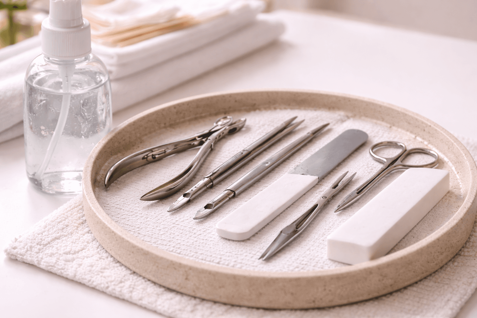 Desinfizierte Werkzeuge und saubere Arbeitsfläche bei einem Nagelservice