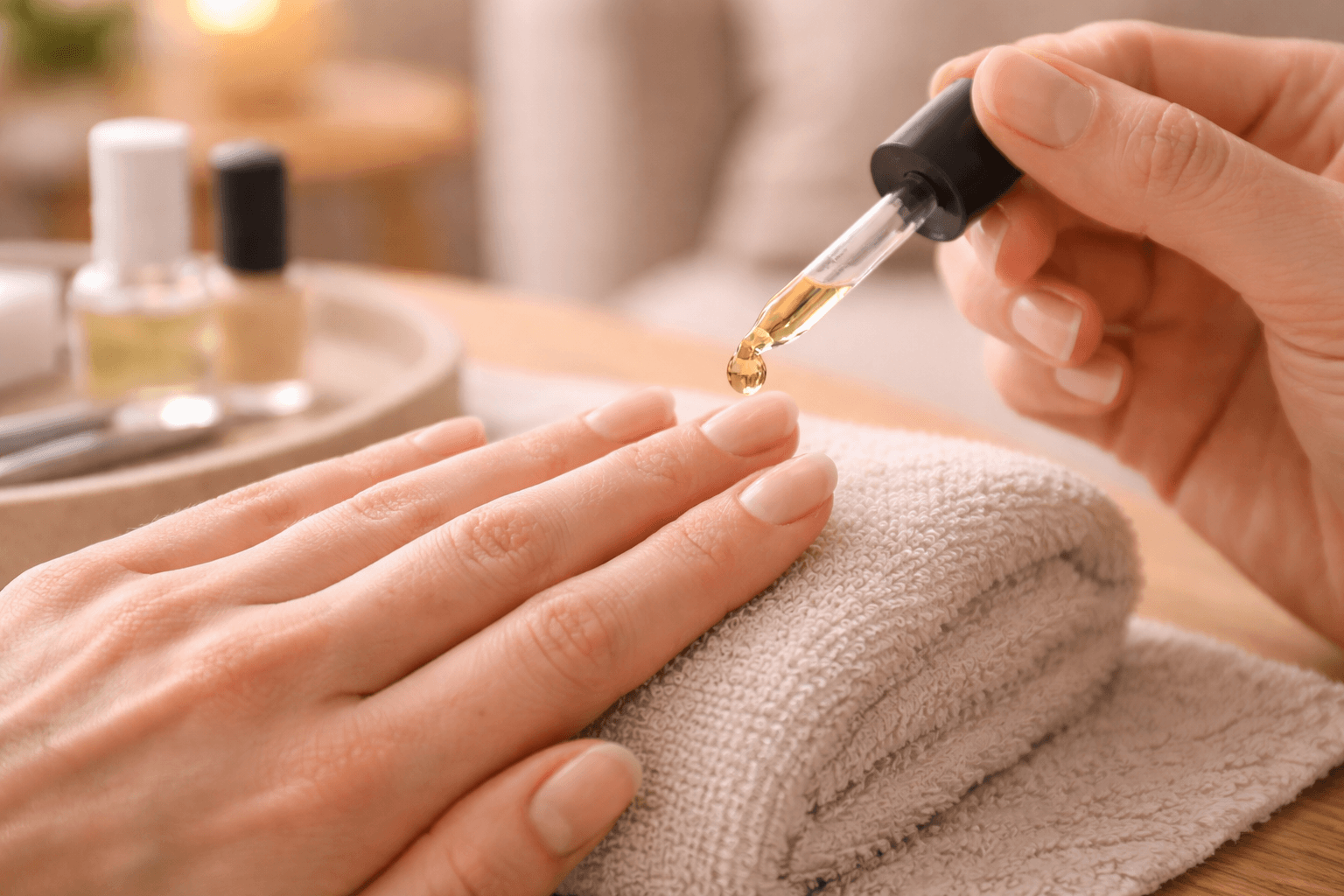 Nagelöl wird zu Hause in ruhiger Atmosphäre auf die Nagelhaut aufgetragen