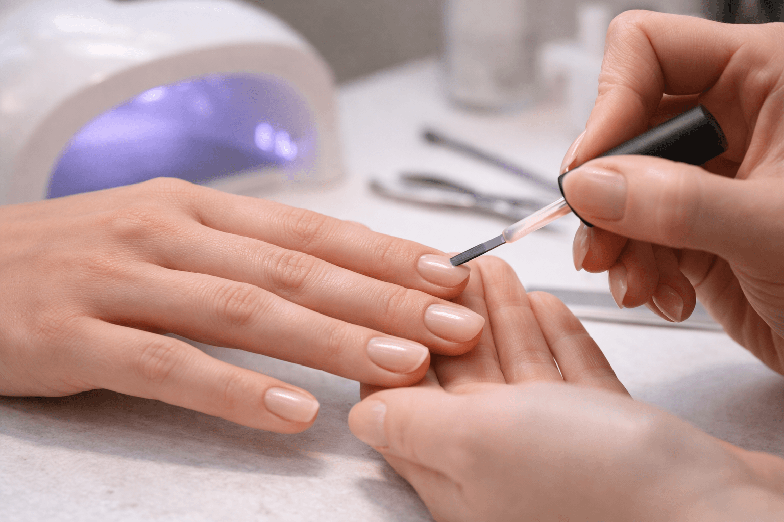 Shellac wird mit einem Pinsel in dünner Schicht aufgetragen – Vorbereitung für das Aushärten unter LED-Licht